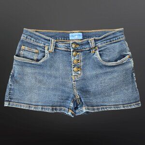 Vintage 90s Y2K Low Rise Denim Shorts Size 9 Stretch Button Fly medium Wash Boho
